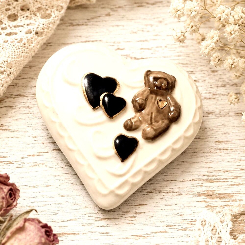 Vintage Ceramic Teddy Bear Heart Shaped Pin Brooch with Gold Heart Accent